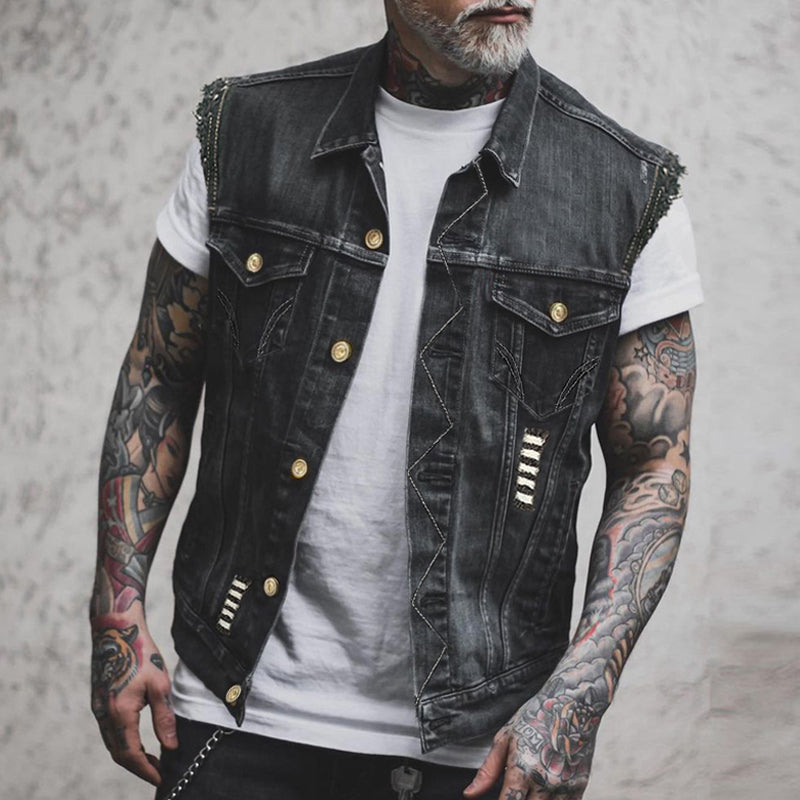 Chaleco motero vaquero desgastado para hombre – Prenda trucker sin mangas con hombros de borde sin rematar y bolsillos en el pecho
