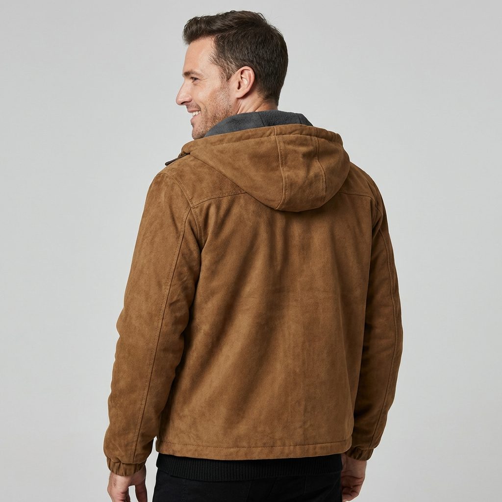 Hættejakke i ruskind til mænd – fleeceforet jakke med lynlåslukning og praktiske lommer til efterårs- og vinterbrug
