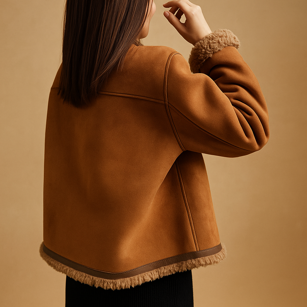 Women’s Fleece-Lined Suede-Look Jacket with Button Front and Plush Trims – Comfortable Short Layer for Autumn and Winter Outfits