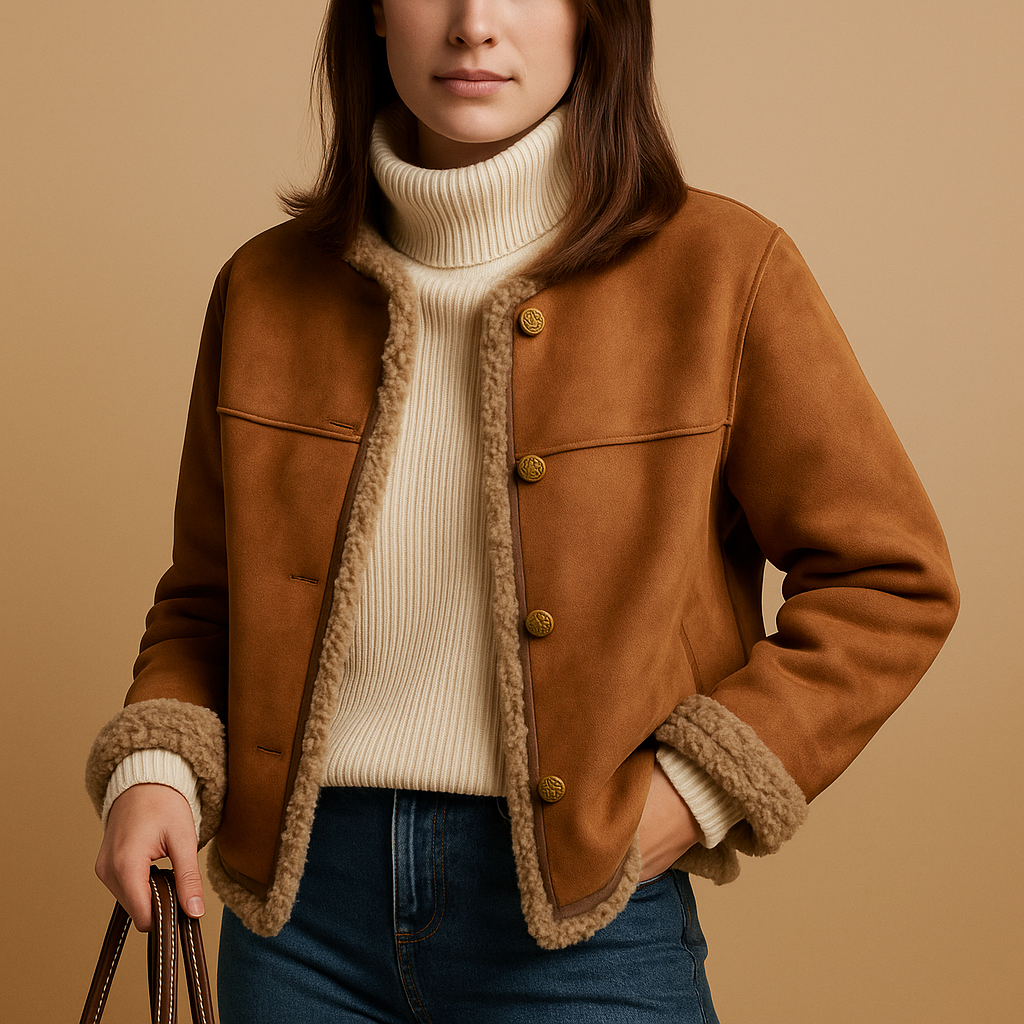 Women’s Fleece-Lined Suede-Look Jacket with Button Front and Plush Trims – Comfortable Short Layer for Autumn and Winter Outfits
