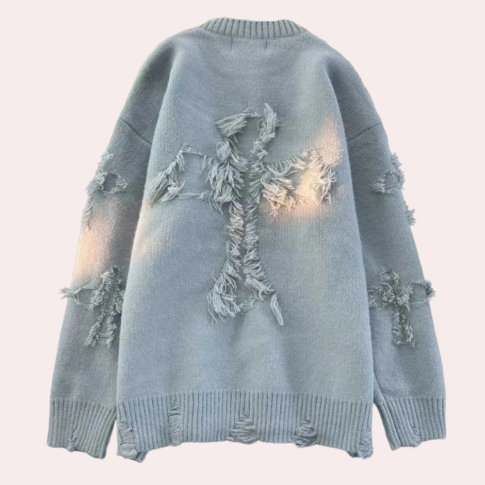 Męski oversize'owy sweter z nadrukiem i prążkowanym okrągłym dekoltem