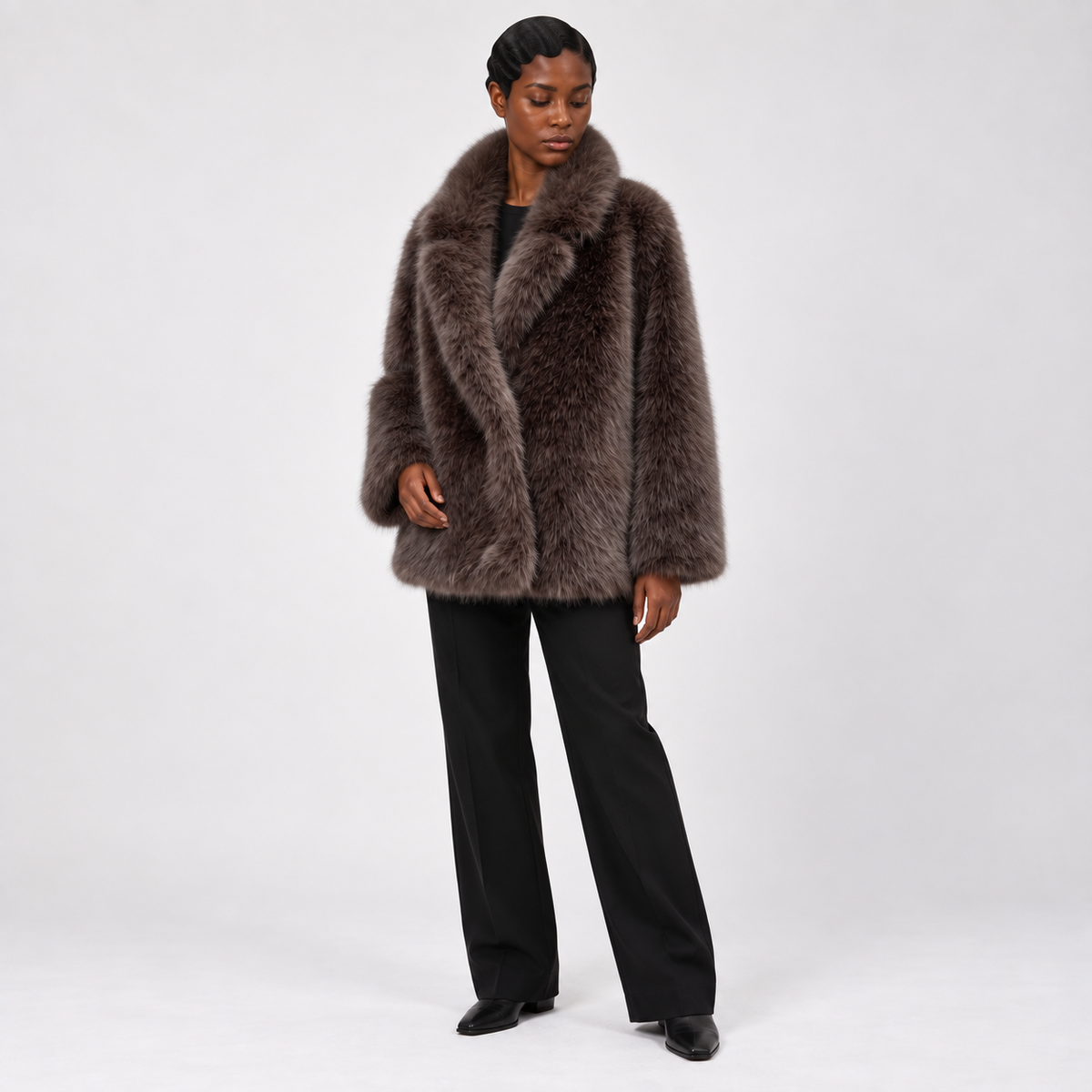 Chaqueta de invierno de piel sintética para mujer con solapas anchas - estilo relajado de pelo largo y largo hasta la cadera para días fríos elegantes y conjuntos sofisticados de otoño e invierno