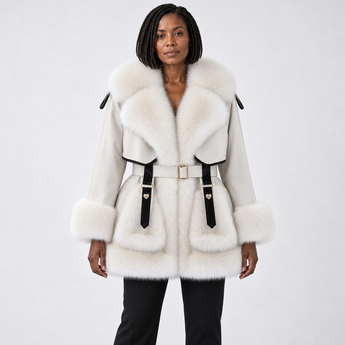 Casaco de inverno para mulher com acabamento de pelo e cinto - estilo marcante com gola e cintura com fivela para dias frios elegantes e visuais de noite