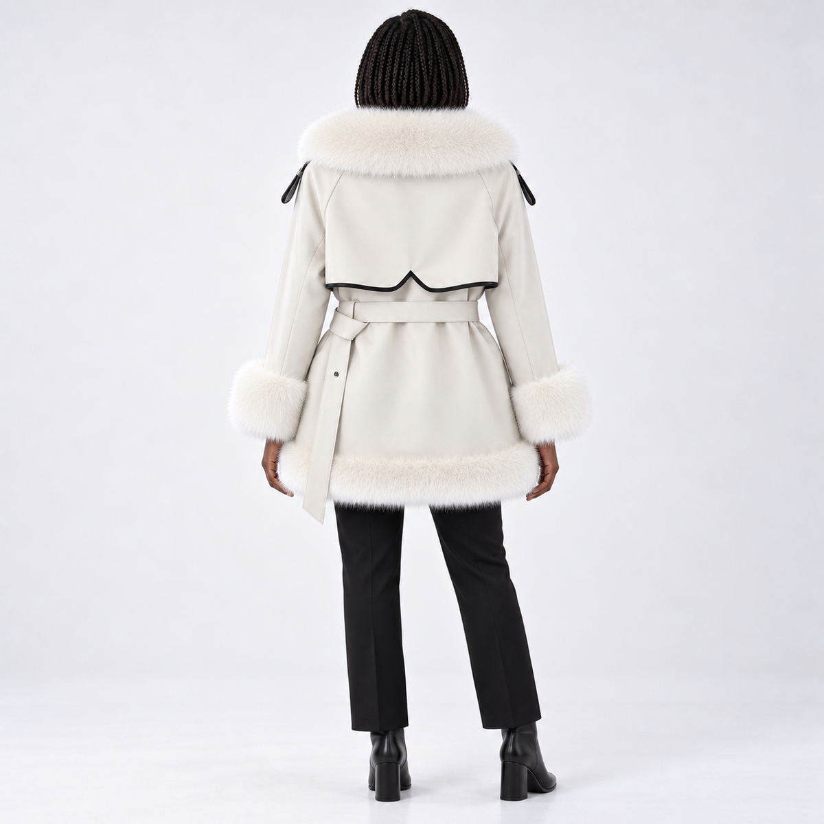 Casaco de inverno para mulher com acabamento de pelo e cinto - estilo marcante com gola e cintura com fivela para dias frios elegantes e visuais de noite