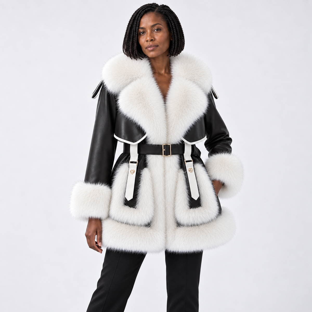 Casaco de inverno para mulher com acabamento de pelo e cinto - estilo marcante com gola e cintura com fivela para dias frios elegantes e visuais de noite