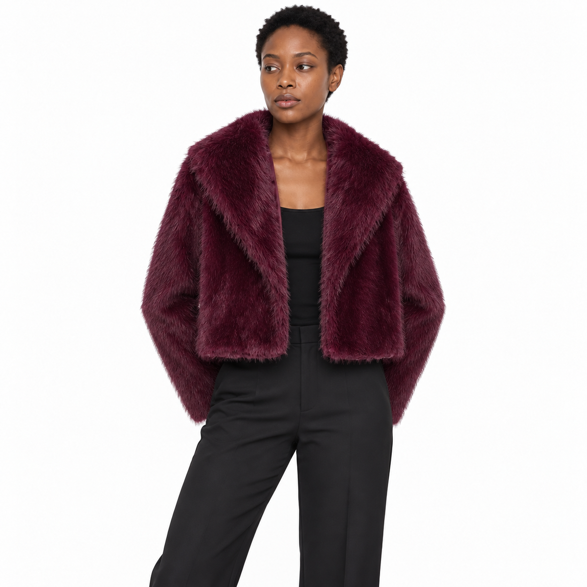 Chaqueta corta de invierno de piel sintética para mujer - Estilo relajado de felpa con solapas anchas para días fríos elegantes y superposiciones sofisticadas de noche