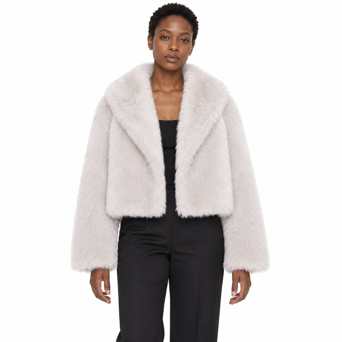 Chaqueta corta de invierno de piel sintética para mujer - Estilo relajado de felpa con solapas anchas para días fríos elegantes y superposiciones sofisticadas de noche
