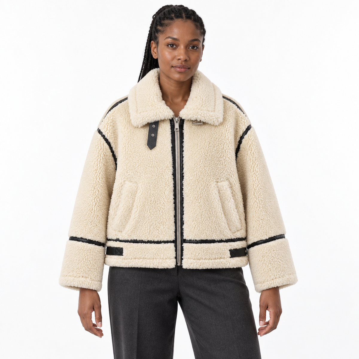 Women’s Sherpa Fleece Biker Jacket – Contrast-Piped Zip-Up Cropped Style for Cosy Autumn Winter Days and Casual City Layering