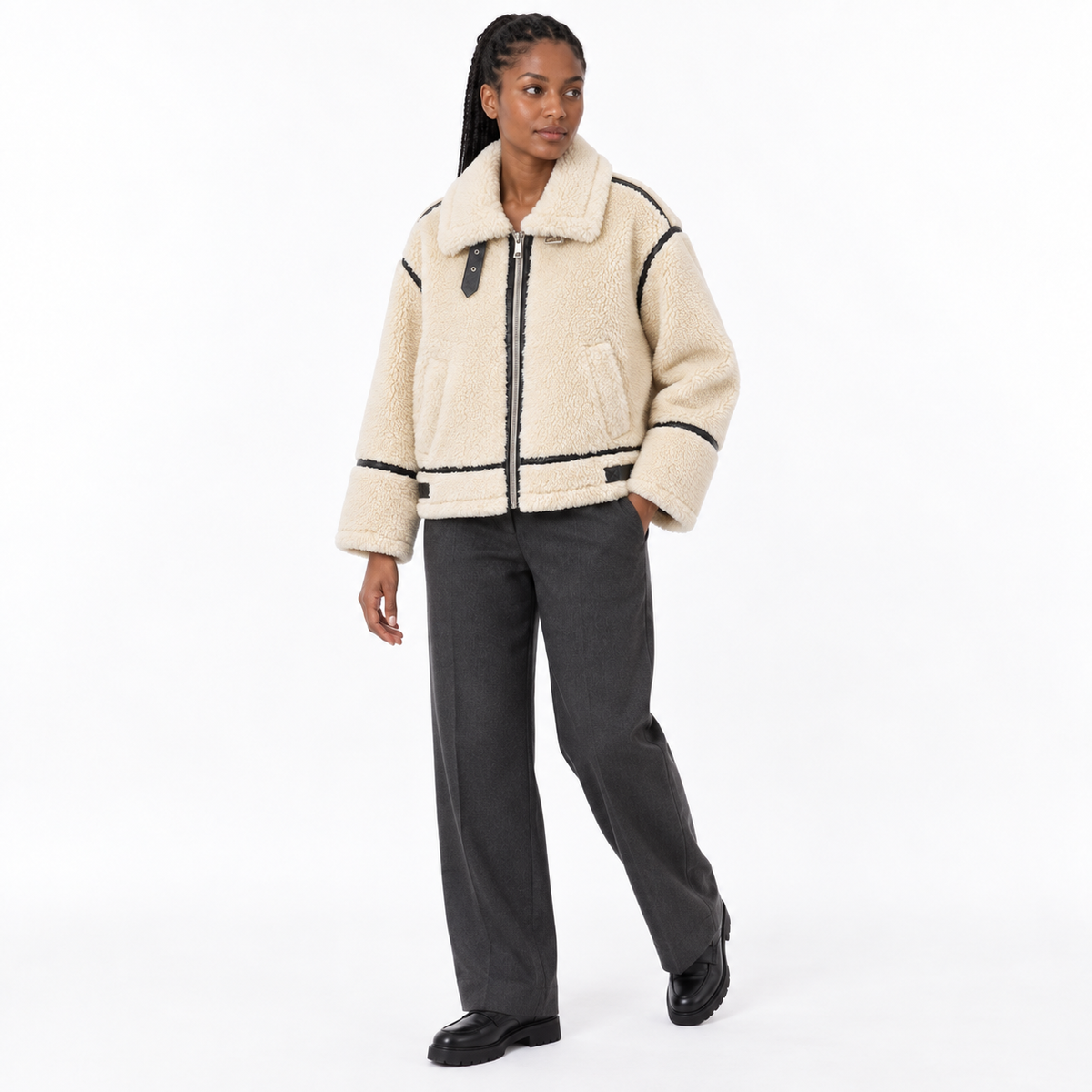Women’s Sherpa Fleece Biker Jacket – Contrast-Piped Zip-Up Cropped Style for Cosy Autumn Winter Days and Casual City Layering