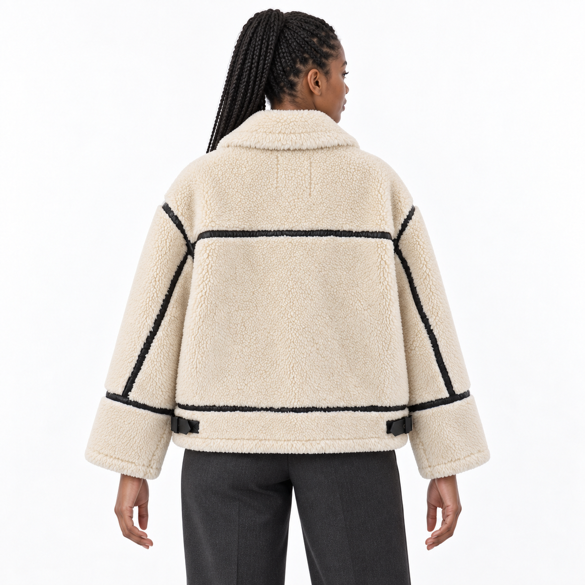 Women’s Sherpa Fleece Biker Jacket – Contrast-Piped Zip-Up Cropped Style for Cosy Autumn Winter Days and Casual City Layering