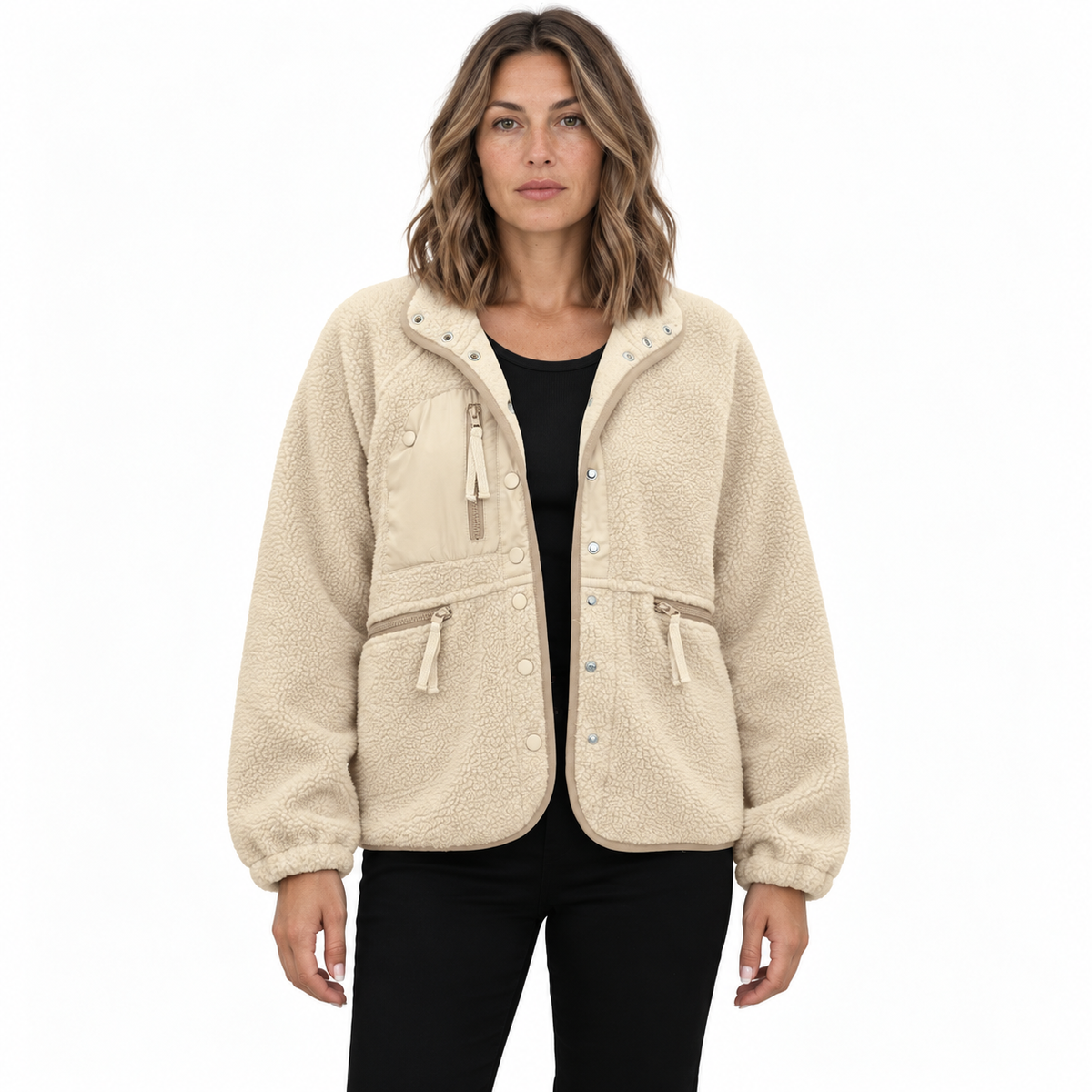 Casaco utilitário feminino de malha polar texturada - modelo descontraído com molas à frente e bolsos com fecho para dias casuais de outono e inverno e visuais práticos para o dia a dia ao ar livre