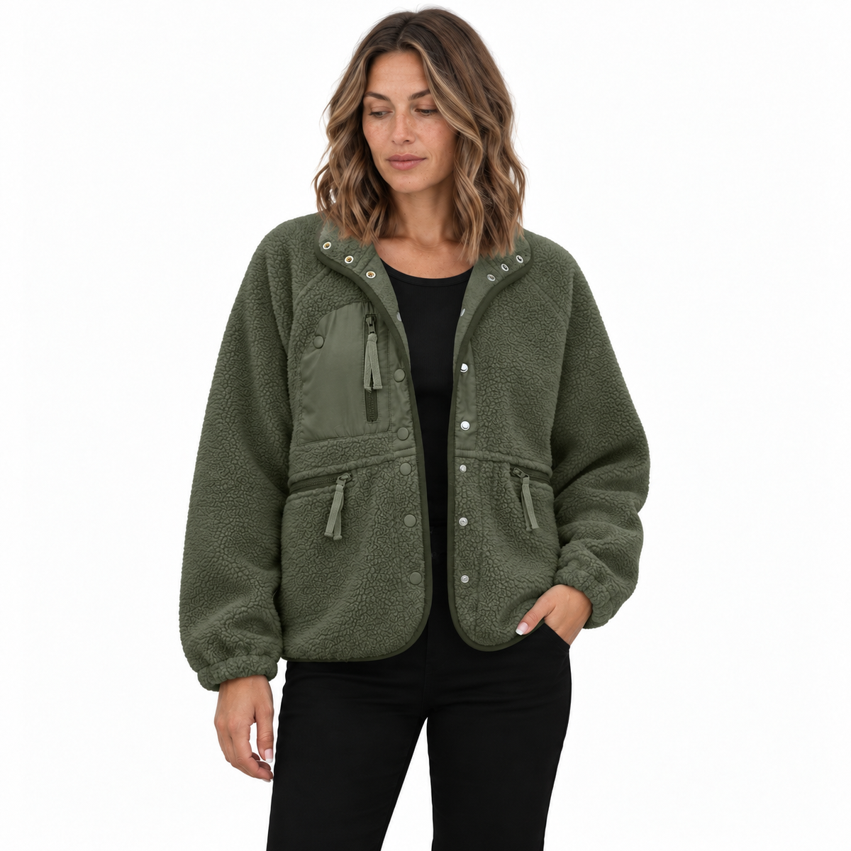Casaco utilitário feminino de malha polar texturada - modelo descontraído com molas à frente e bolsos com fecho para dias casuais de outono e inverno e visuais práticos para o dia a dia ao ar livre