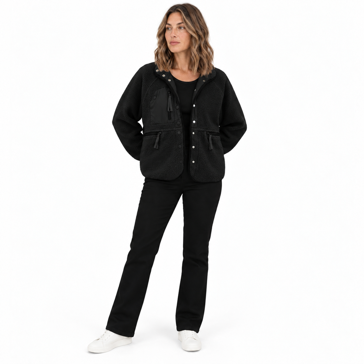 Casaco utilitário feminino de malha polar texturada - modelo descontraído com molas à frente e bolsos com fecho para dias casuais de outono e inverno e visuais práticos para o dia a dia ao ar livre
