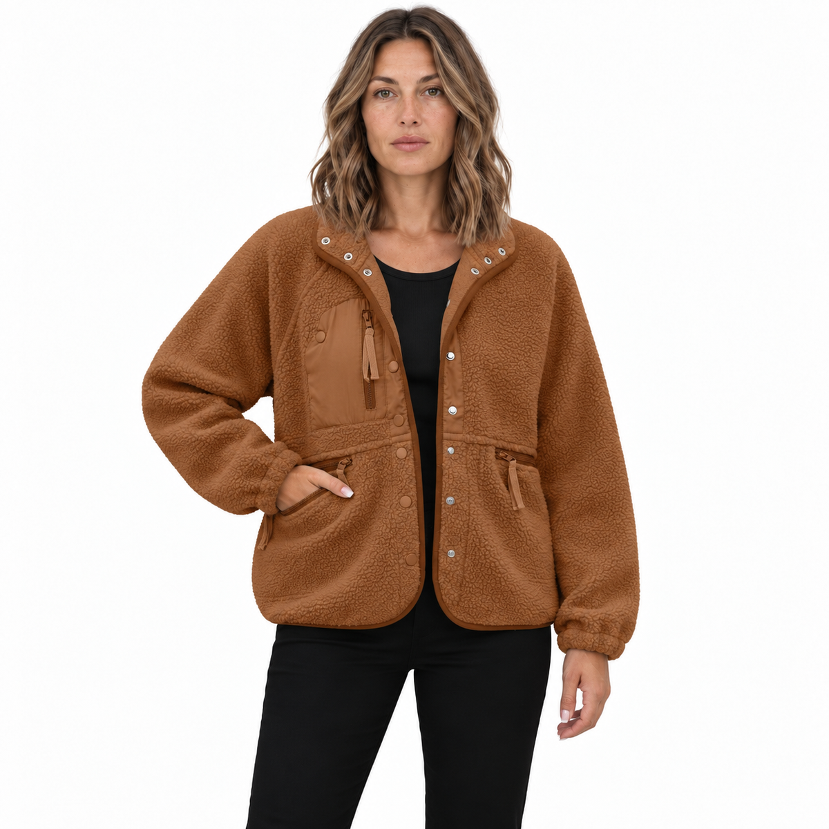 Casaco utilitário feminino de malha polar texturada - modelo descontraído com molas à frente e bolsos com fecho para dias casuais de outono e inverno e visuais práticos para o dia a dia ao ar livre
