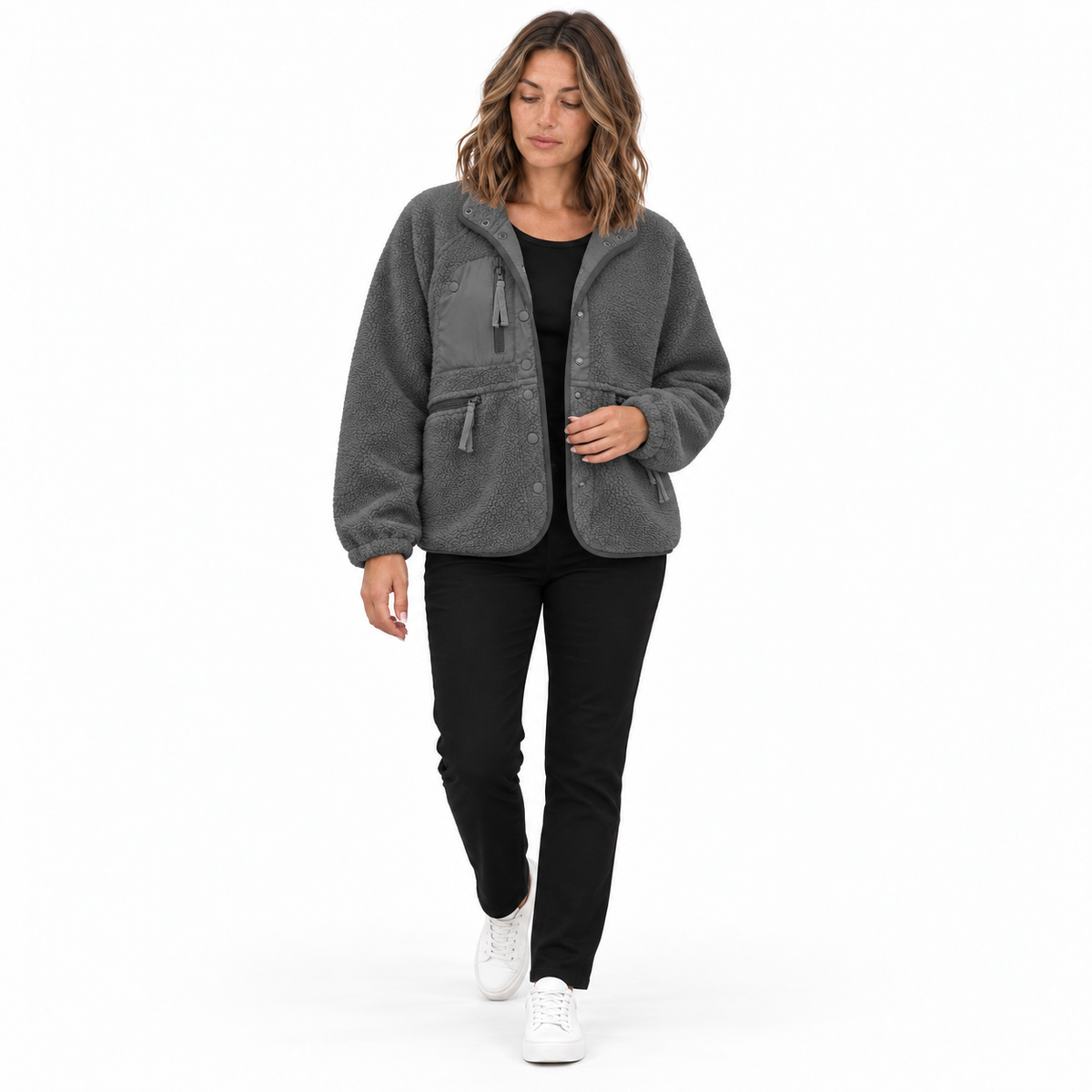 Casaco utilitário feminino de malha polar texturada - modelo descontraído com molas à frente e bolsos com fecho para dias casuais de outono e inverno e visuais práticos para o dia a dia ao ar livre