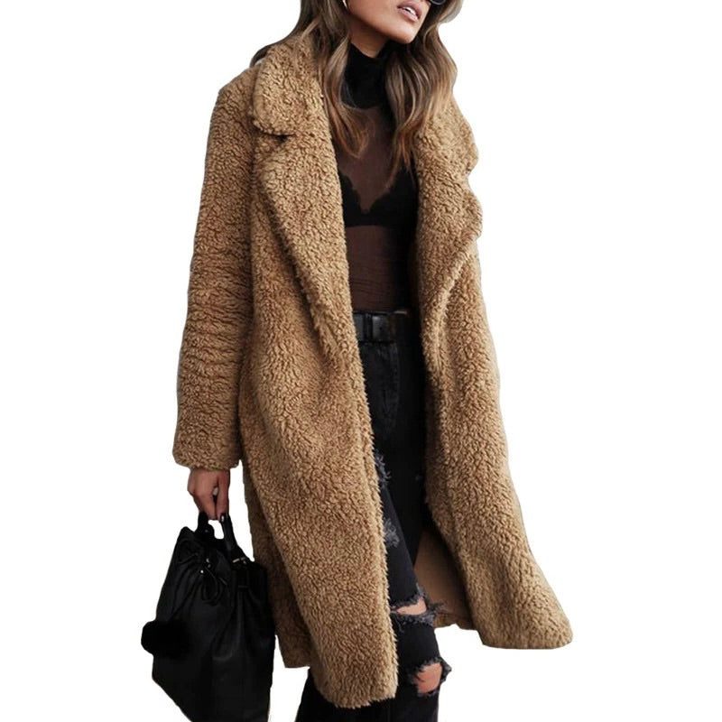 Abrigo teddy largo para mujer - Chaqueta de sherpa abierta por delante con corte relajado para superponer prendas en climas fríos
