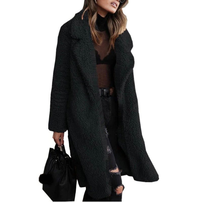Abrigo teddy largo para mujer - Chaqueta de sherpa abierta por delante con corte relajado para superponer prendas en climas fríos