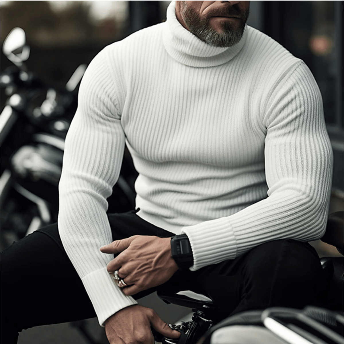 Men’s Ribbed Turtleneck Knit Sweater – Warm Slim-Fit Long-Sleeve Pullover for Smart Casual Autumn Winter and Everyday Wear