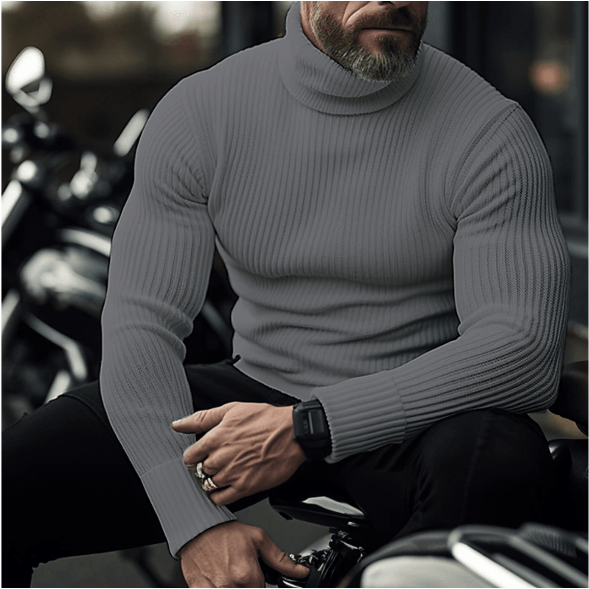 Men’s Ribbed Turtleneck Knit Sweater – Warm Slim-Fit Long-Sleeve Pullover for Smart Casual Autumn Winter and Everyday Wear