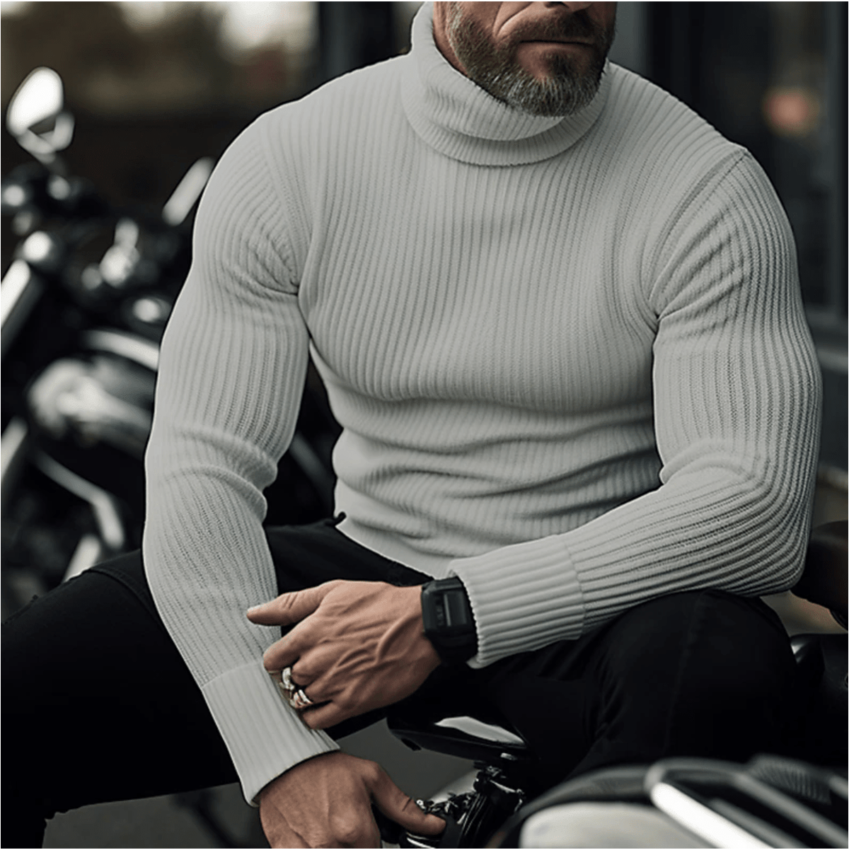 Men’s Ribbed Turtleneck Knit Sweater – Warm Slim-Fit Long-Sleeve Pullover for Smart Casual Autumn Winter and Everyday Wear