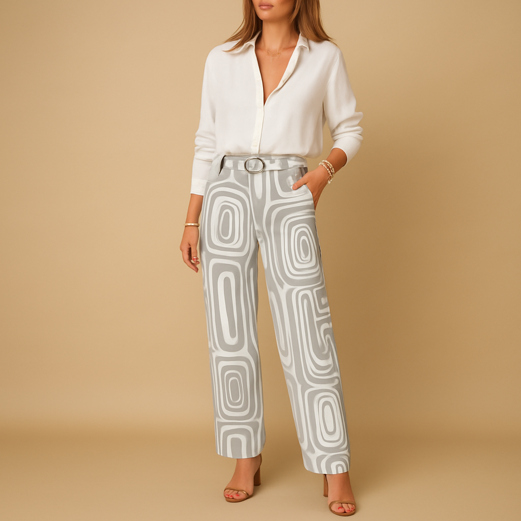 Dámská dvoudílná souprava s halenkou a kalhotami s potiskem – uvolněný smart casual outfit do práce i na každý den