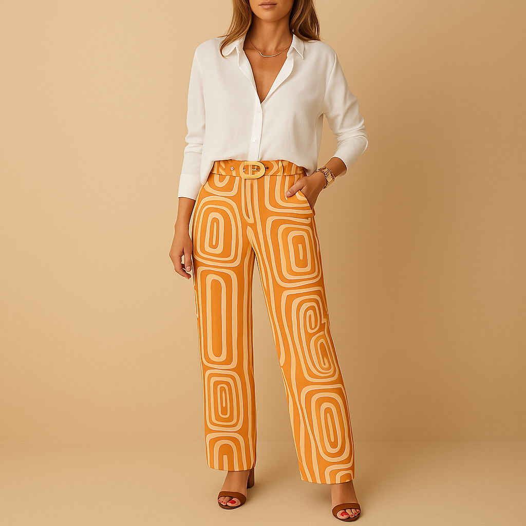 Dámská dvoudílná souprava s halenkou a kalhotami s potiskem – uvolněný smart casual outfit do práce i na každý den