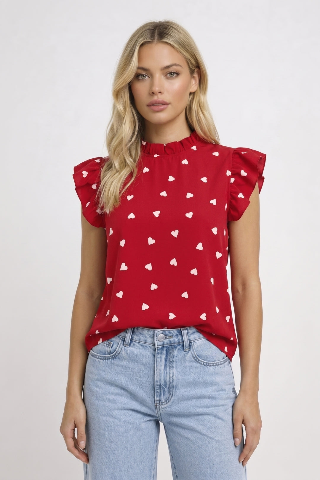 Women’s Heart Print Ruffle Sleeve High Neck Top