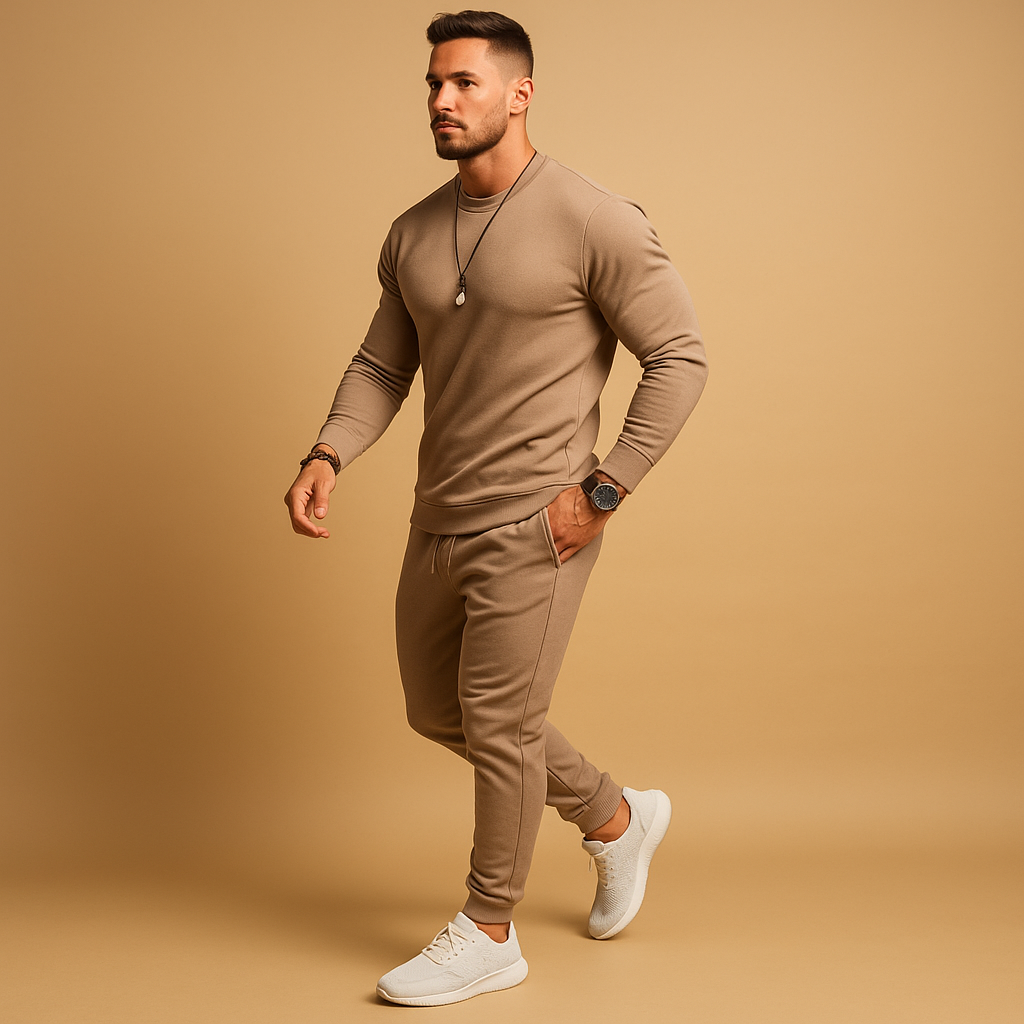 Conjunto de sudadera de cuello redondo y joggers para hombre – Chándal de dos piezas de corte ajustado para viajes, estilo urbano y uso diario informal