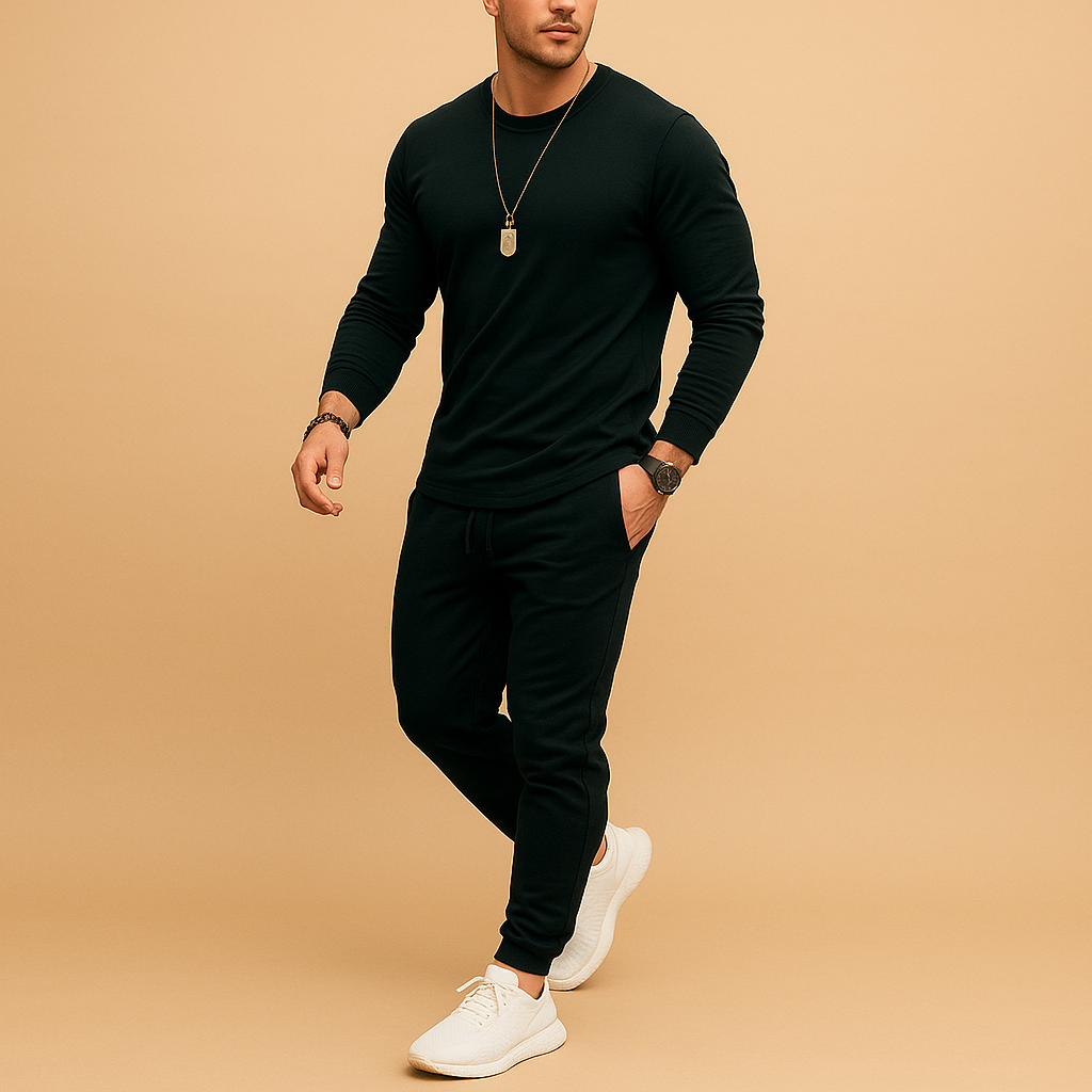 Conjunto de sudadera de cuello redondo y joggers para hombre – Chándal de dos piezas de corte ajustado para viajes, estilo urbano y uso diario informal