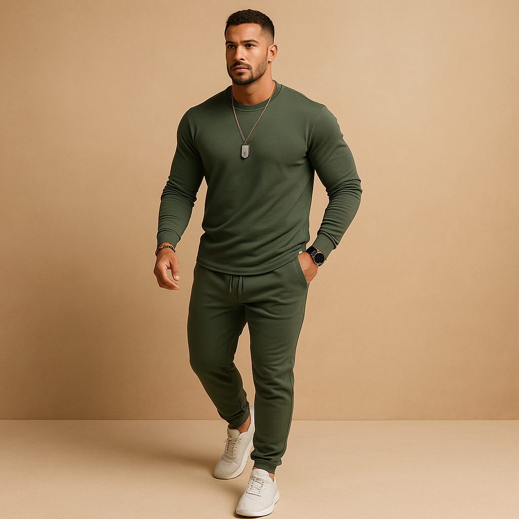 Conjunto de sudadera de cuello redondo y joggers para hombre – Chándal de dos piezas de corte ajustado para viajes, estilo urbano y uso diario informal