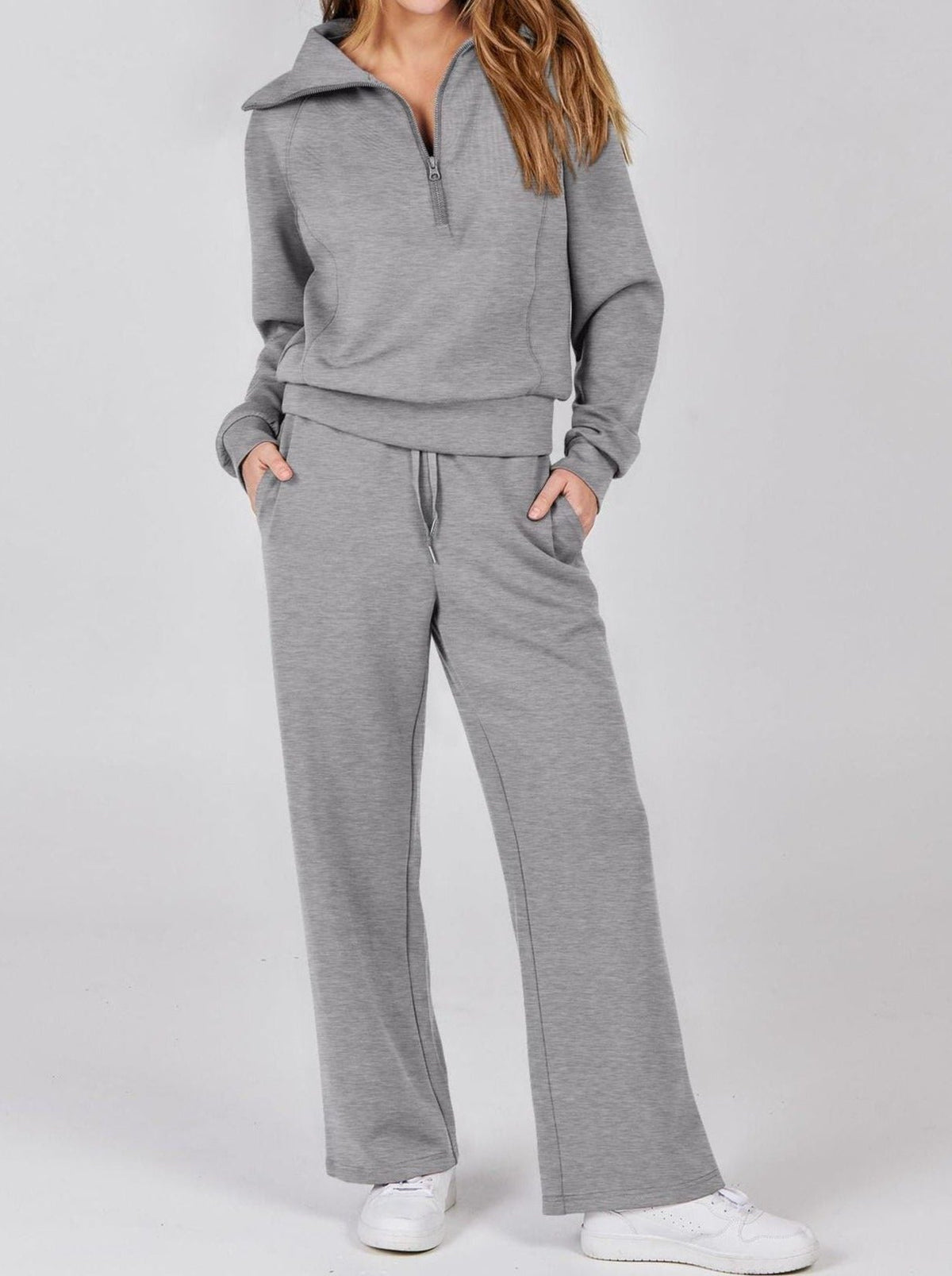Women’s Two-Piece Jogging Set – Half-Zip Hooded Top and Wide-Leg Sweatpants with Drawstring Waist