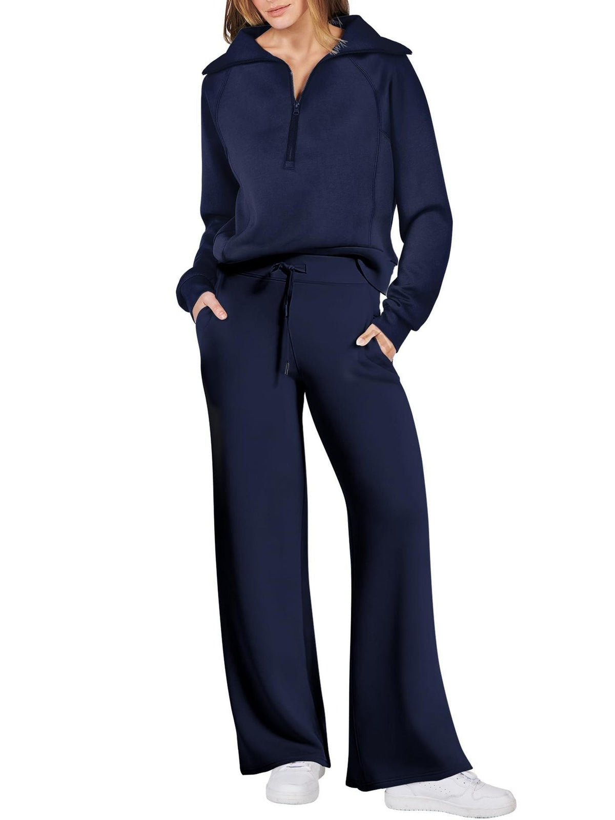 Women’s Two-Piece Jogging Set – Half-Zip Hooded Top and Wide-Leg Sweatpants with Drawstring Waist