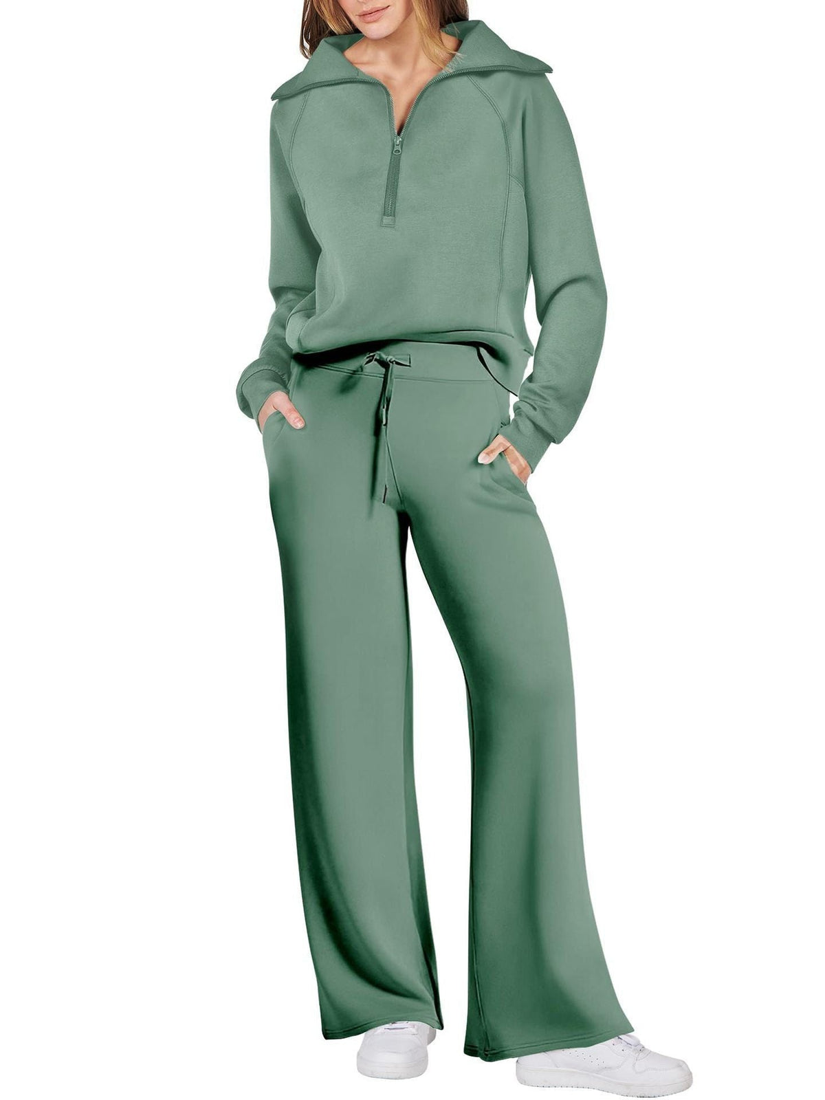 Women’s Two-Piece Jogging Set – Half-Zip Hooded Top and Wide-Leg Sweatpants with Drawstring Waist