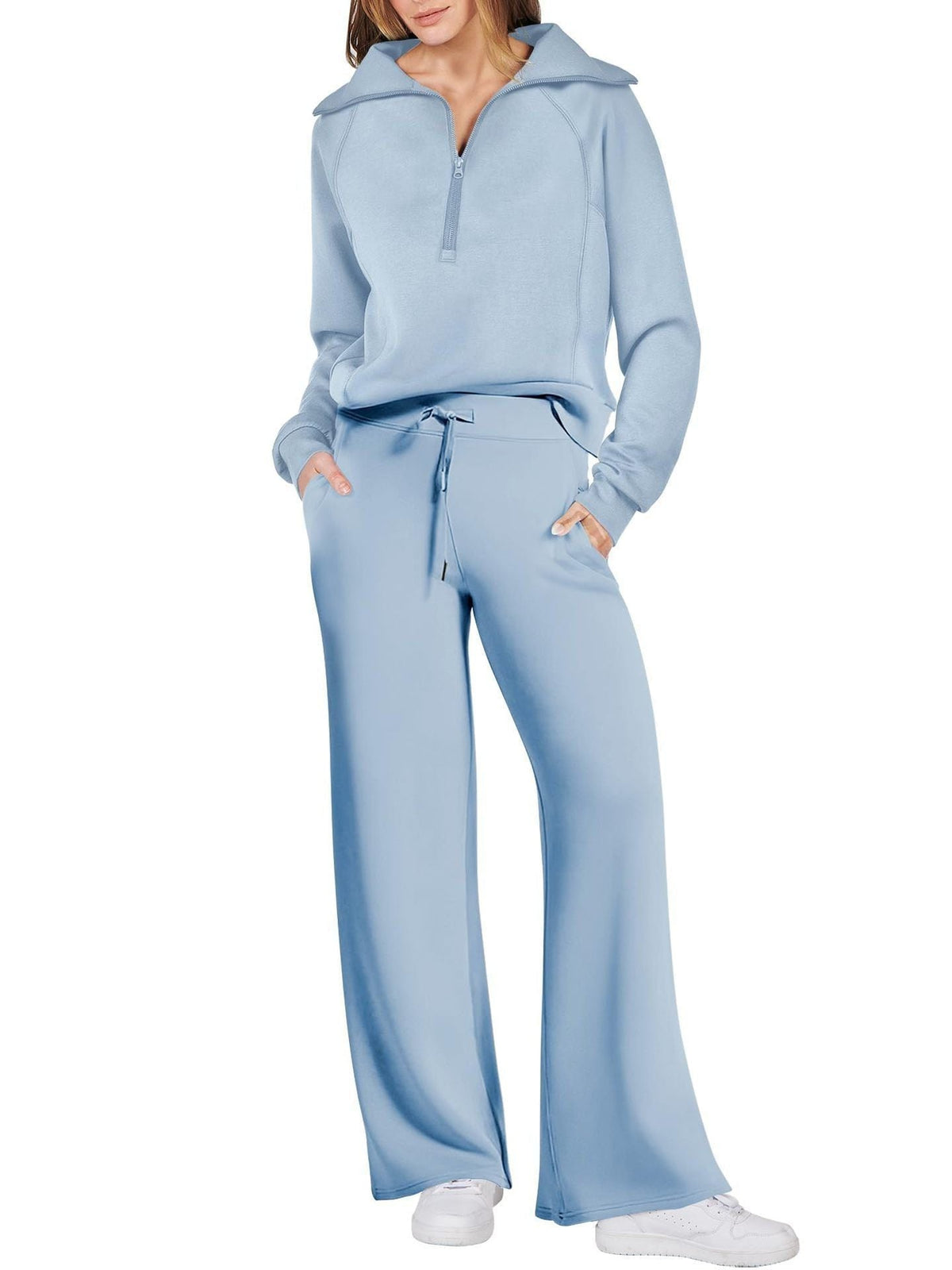 Women’s Two-Piece Jogging Set – Half-Zip Hooded Top and Wide-Leg Sweatpants with Drawstring Waist