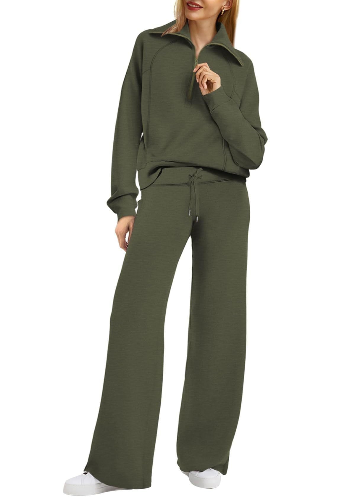 Women’s Two-Piece Jogging Set – Half-Zip Hooded Top and Wide-Leg Sweatpants with Drawstring Waist