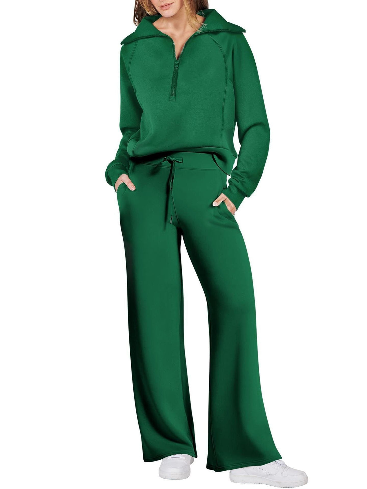Women’s Two-Piece Jogging Set – Half-Zip Hooded Top and Wide-Leg Sweatpants with Drawstring Waist
