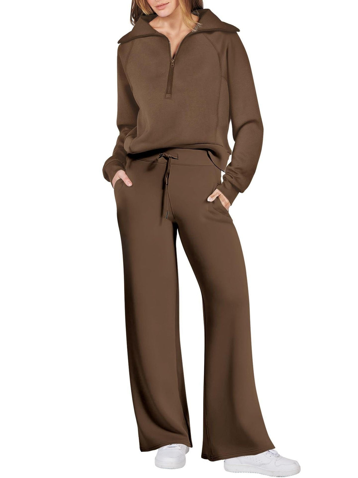 Women’s Two-Piece Jogging Set – Half-Zip Hooded Top and Wide-Leg Sweatpants with Drawstring Waist