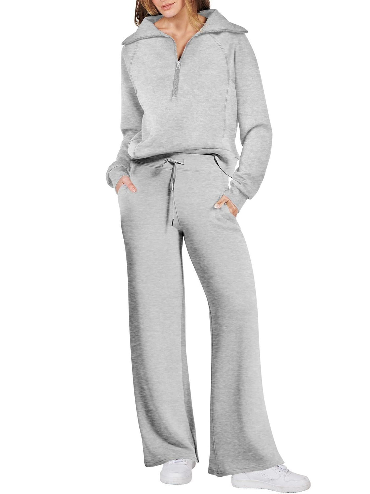 Women’s Two-Piece Jogging Set – Half-Zip Hooded Top and Wide-Leg Sweatpants with Drawstring Waist