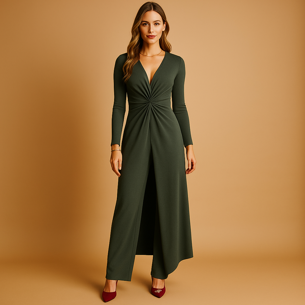 Women’s V-Neck Wide-Leg Jumpsuit – Waist-Defined Three-Quarter-Sleeve Style for Dinners Weddings Evening Events Travel and Elegant Occasion Dressing