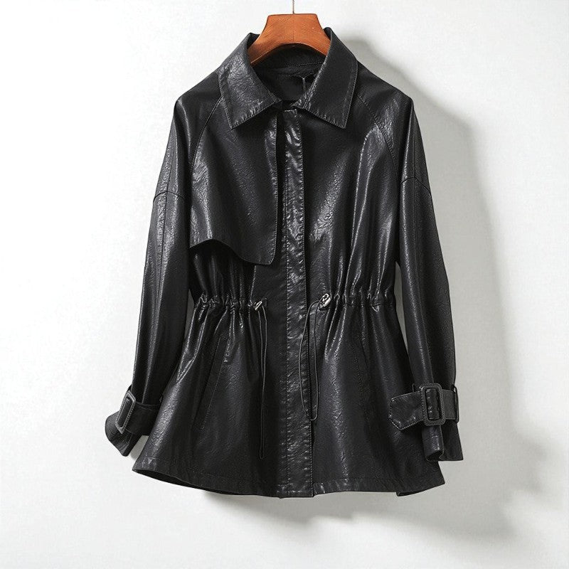 Women’s Leather-Look Drawstring Waist Jacket – Collared Longline Coat with Adjustable Cuffs for Smart Casual City Wear