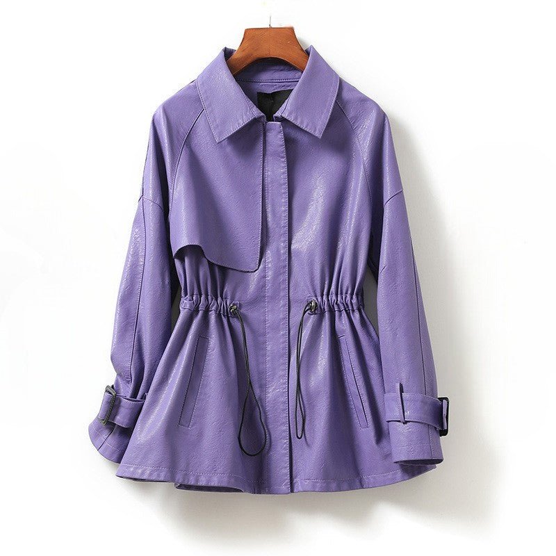 Women’s Leather-Look Drawstring Waist Jacket – Collared Longline Coat with Adjustable Cuffs for Smart Casual City Wear