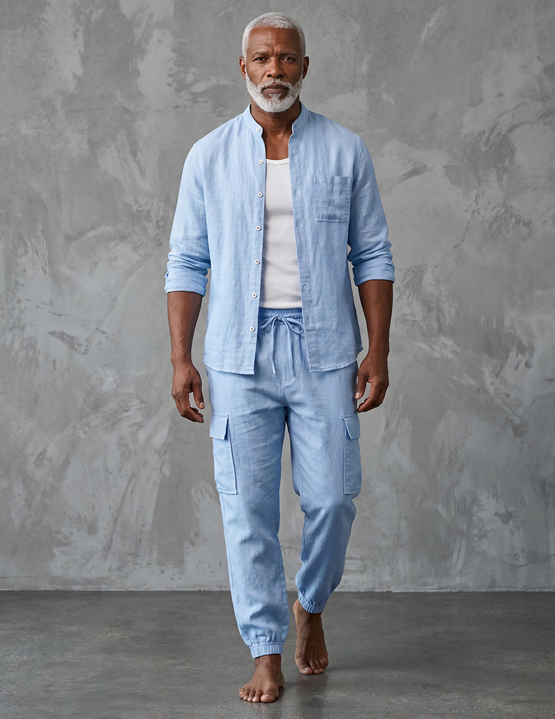 Ensemble cargo en lin pour homme avec chemise à col mandarin
