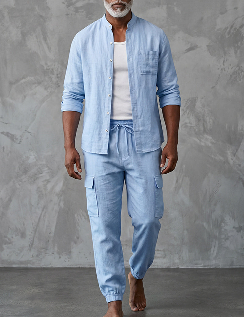 Ensemble cargo en lin pour homme avec chemise à col mandarin