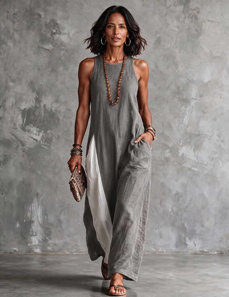 Vestido Maxi de Linho e Algodão para Mulher com Blocos de Cor