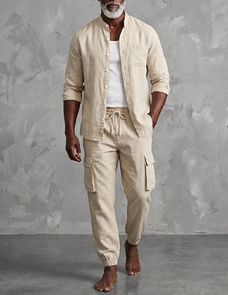 Ensemble cargo en lin pour homme avec chemise à col mandarin