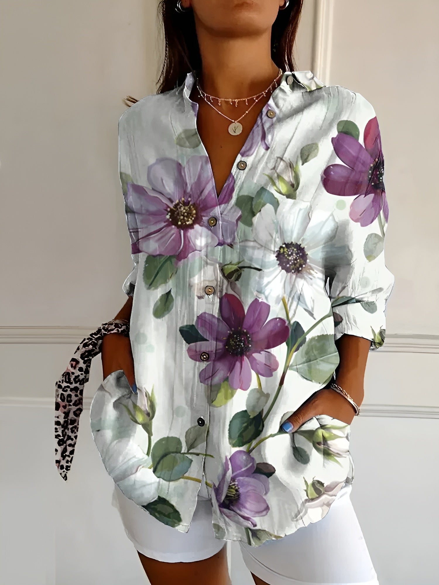 Women’s Floral Button-Front Blouse – Relaxed Longline Shirt for Summer Wear