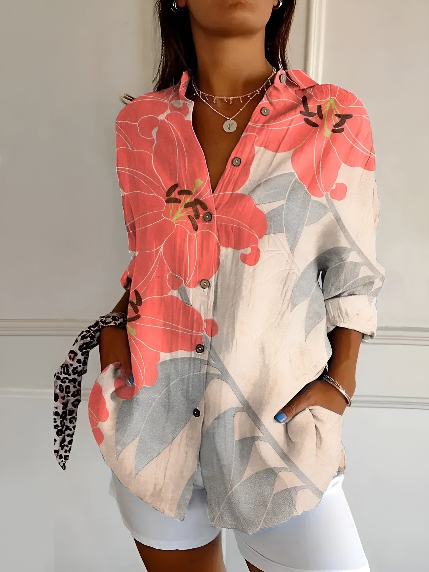 Women’s Floral Button-Front Blouse – Relaxed Longline Shirt for Summer Wear