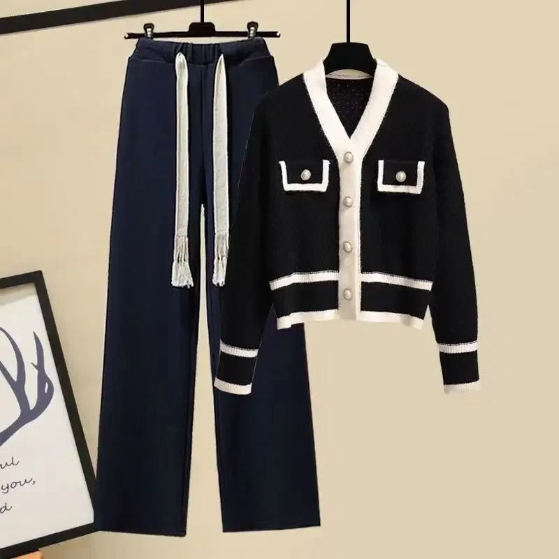 Set de cardigan tricotat și pantaloni cu croială largă pentru femei, cu margini contrastante - ținută elegantă și lejeră asortată pentru toamnă și iarnă