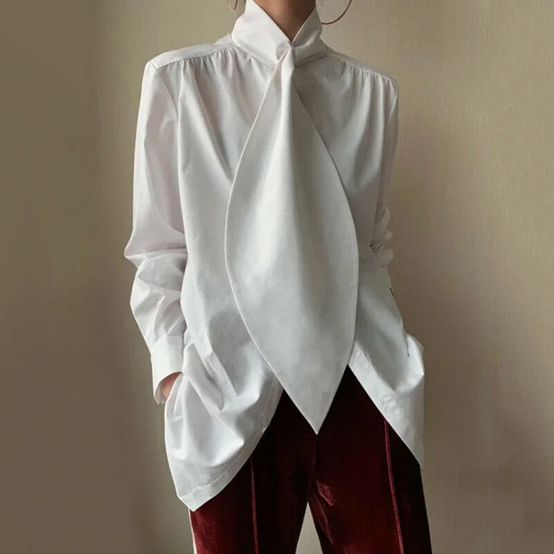 Damesblouse met sjaalkraag en lange mouwen – Losvallend, gedrapeerd model met opvallende strik voor een elegante alledaagse stijl