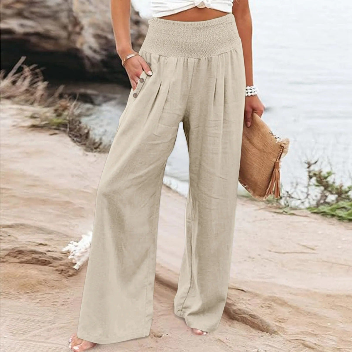 Pantalon palazzo ample pour femme à taille haute smockée et poches latérales – pantalon fluide et décontracté pour les vacances d’été et le quotidien